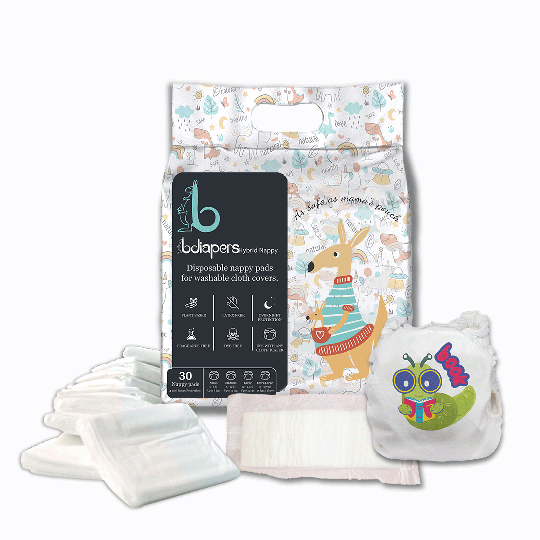Book worm washable, reusable rash free extre large hybrid cloth diaper covers online with 100% disposable healthy nappy pads, liners, inserts near me at bdiapers