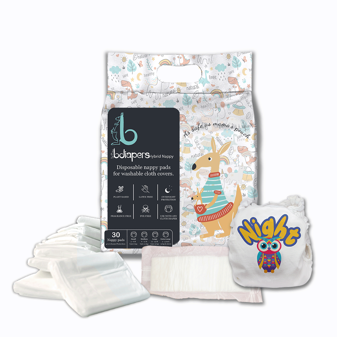 Night Owl washable, reusable rash free extre large hybrid cloth diaper covers online with 100% disposable healthy nappy pads, liners, inserts near me at bdiapers