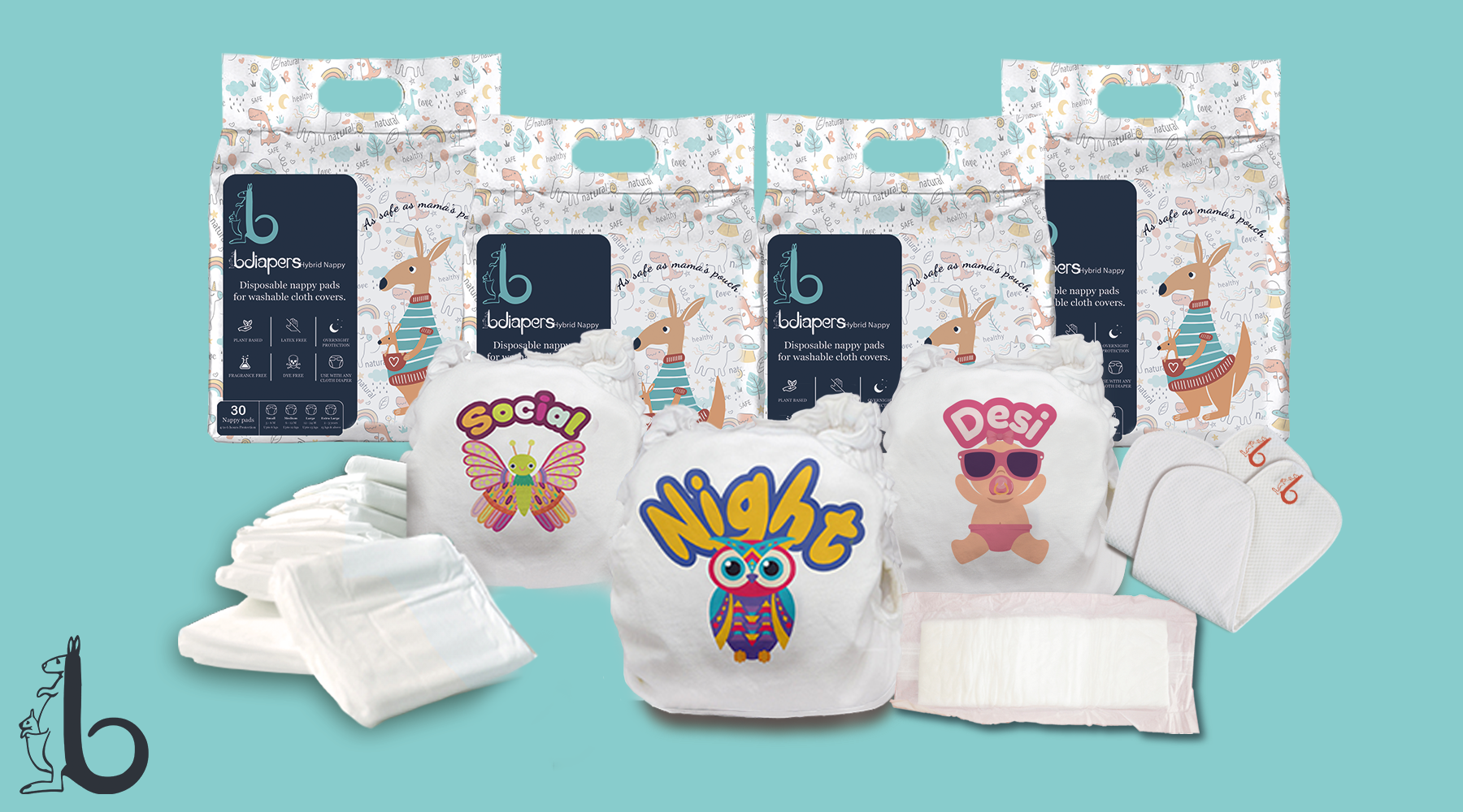 Trial Pack GIRL washable, reusable rash free small, medium, large, extra large hybrid cloth diaper covers online with 100% disposable healthy nappy pads, liners, inserts near me at bdiapers Trial Pack GIRL  3 covers , 120 inserts with accessories    