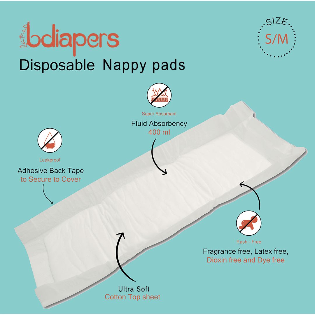 Disposable Nappy Pads washable, reusable rash free small, medium, large, extra large hybrid cloth diaper covers online with 100% disposable healthy nappy pads, liners, inserts near me at bdiapers
